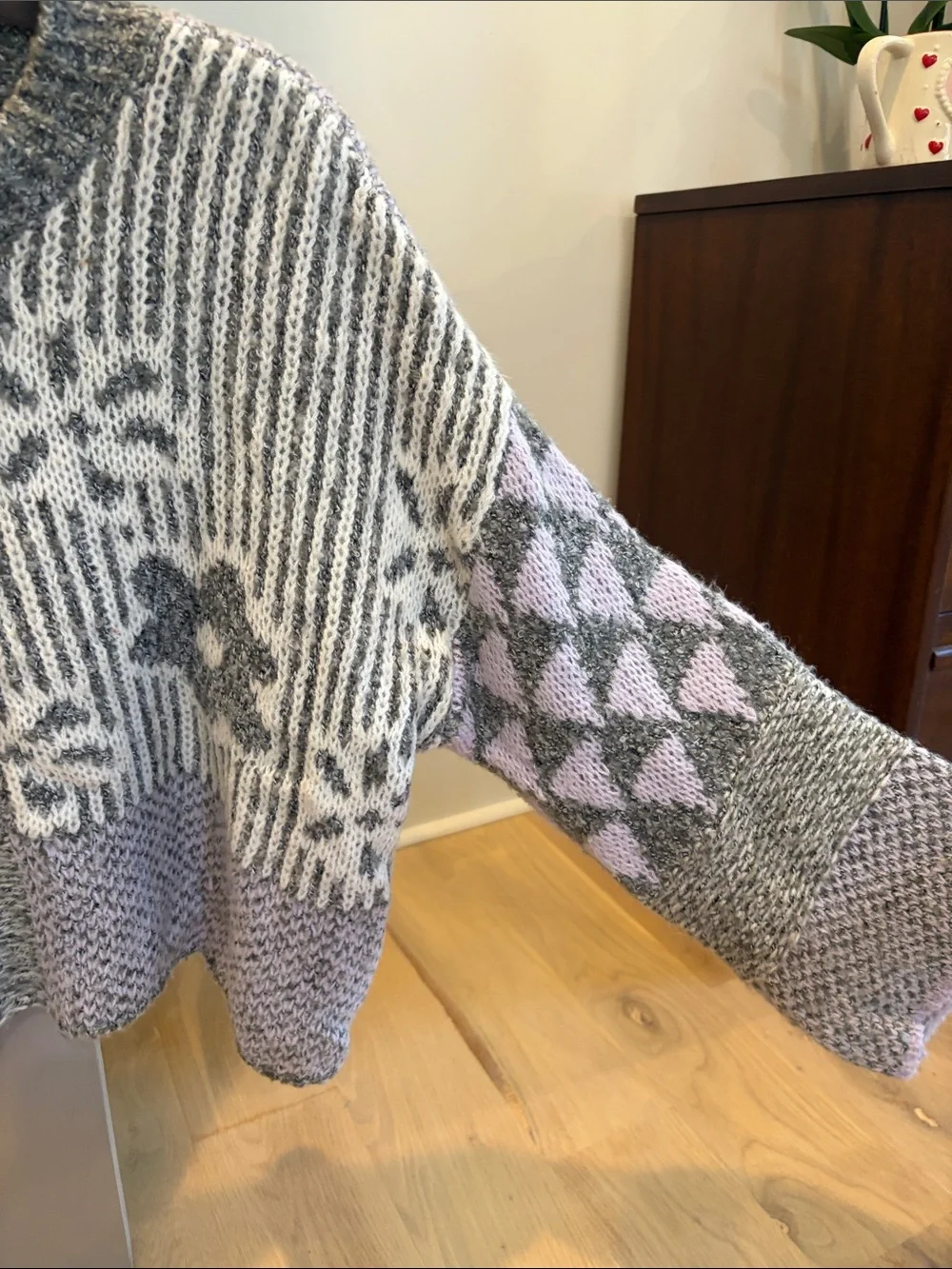 Cropped Bell Sleeve Patchwork Knit Sweater - Lavender & Gray